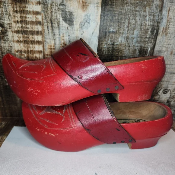 Antique Hand Carved Leather and Wood French Fabrique De Sabots Clog Shoes - Picture 7 of 10